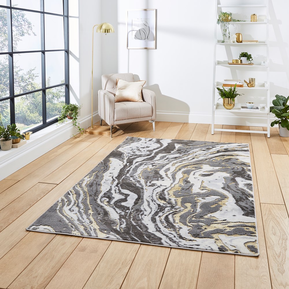 Apollo GR584 Modern Marble Textured Rugs in Grey Gold